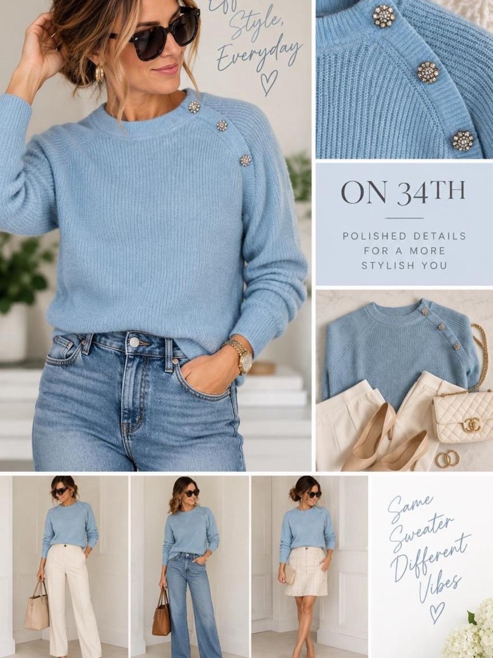 On 34th Soft Light Blue Crewneck Sweater with Decorative Buttons